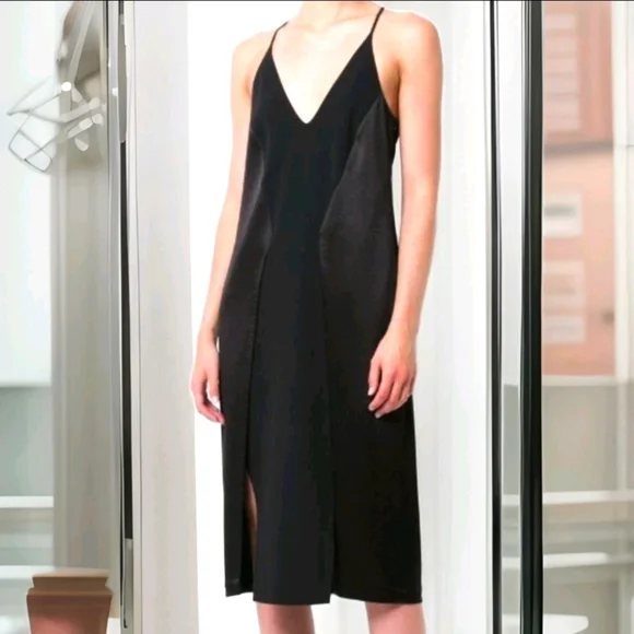 78 Black plunging midi dress from Halston Heritage Sleeveless Size 6 - Picture 1 of 8